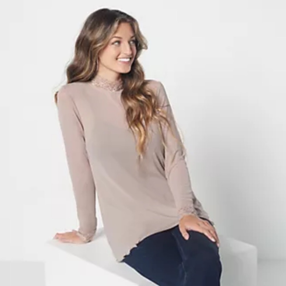 LOGO Layers by Lori Goldstein Sheer Mesh Mock Neck Top Lace Trim Light Mocha M